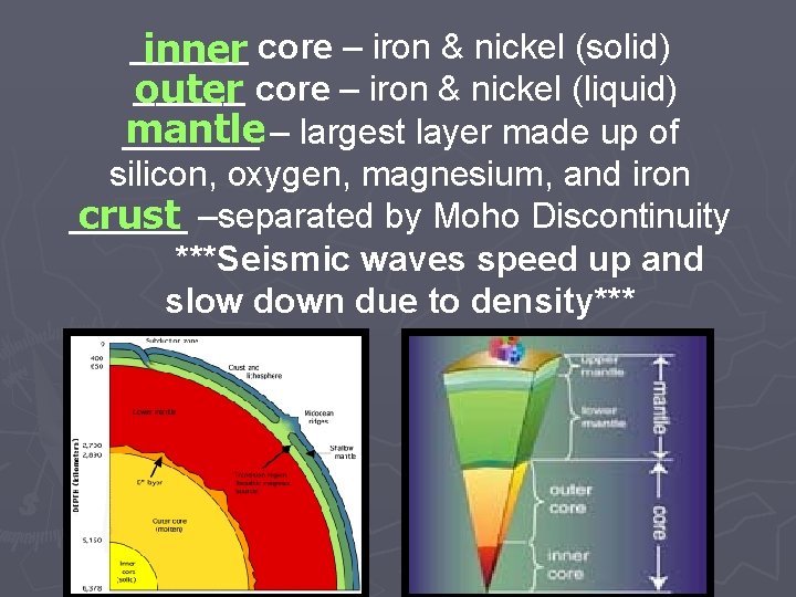 ______ inner core – iron & nickel (solid) _____ outer core – iron &