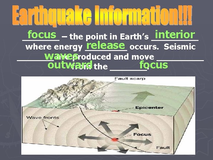 focus – the point in Earth’s _____ interior _______ release occurs. Seismic where energy