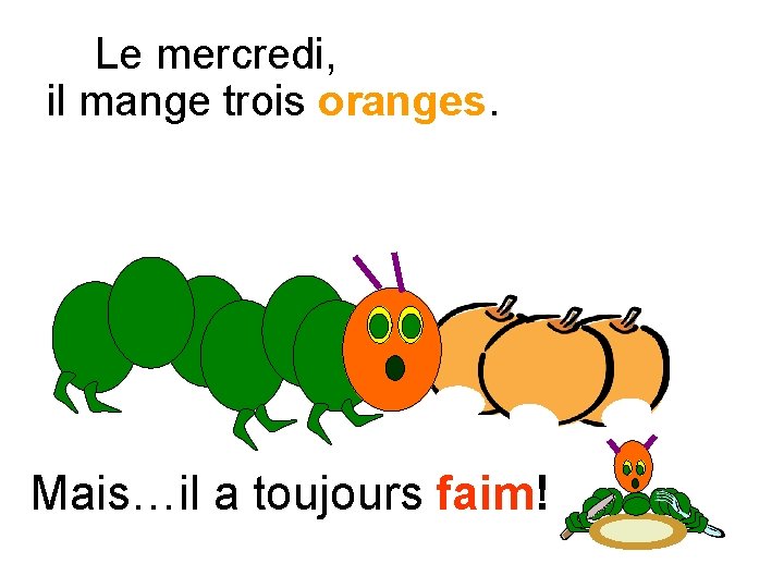 Le mercredi, il mange trois oranges. Mais…il a toujours faim! 