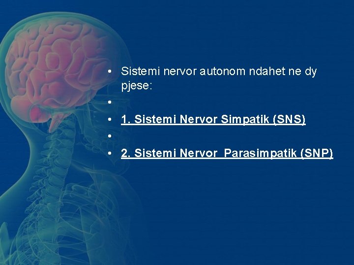 • Sistemi nervor autonom ndahet ne dy pjese: • • 1. Sistemi Nervor • Sistemi nervor autonom ndahet ne dy pjese: • • 1. Sistemi Nervor