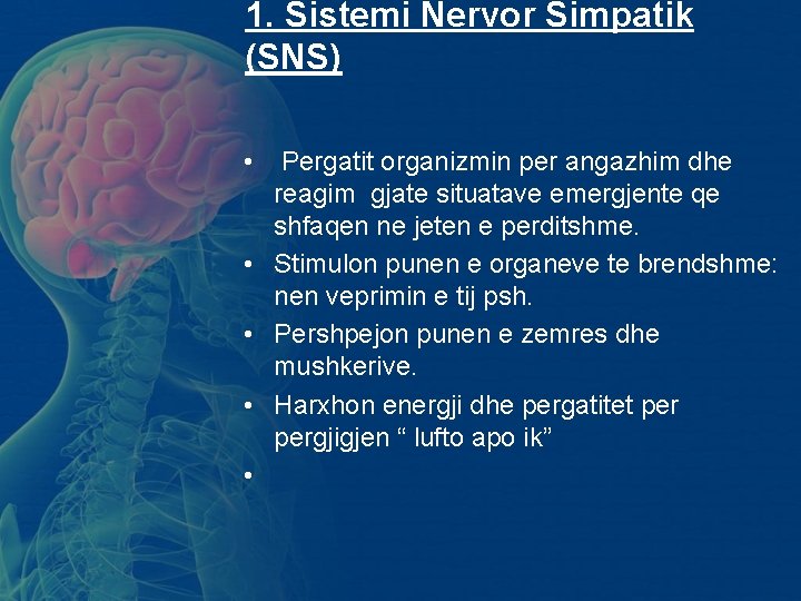 1. Sistemi Nervor Simpatik (SNS) • Pergatit organizmin per angazhim dhe reagim gjate situatave 1. Sistemi Nervor Simpatik (SNS) • Pergatit organizmin per angazhim dhe reagim gjate situatave