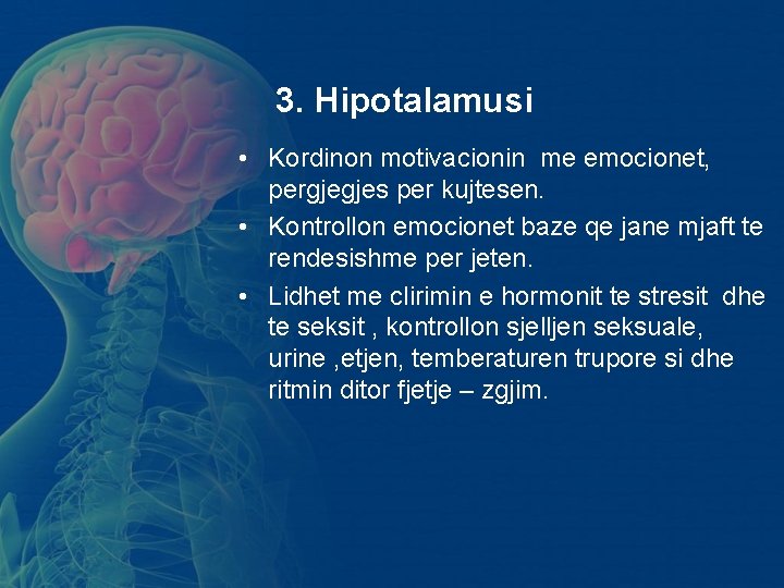 3. Hipotalamusi • Kordinon motivacionin me emocionet, pergjegjes per kujtesen. • Kontrollon emocionet baze 3. Hipotalamusi • Kordinon motivacionin me emocionet, pergjegjes per kujtesen. • Kontrollon emocionet baze