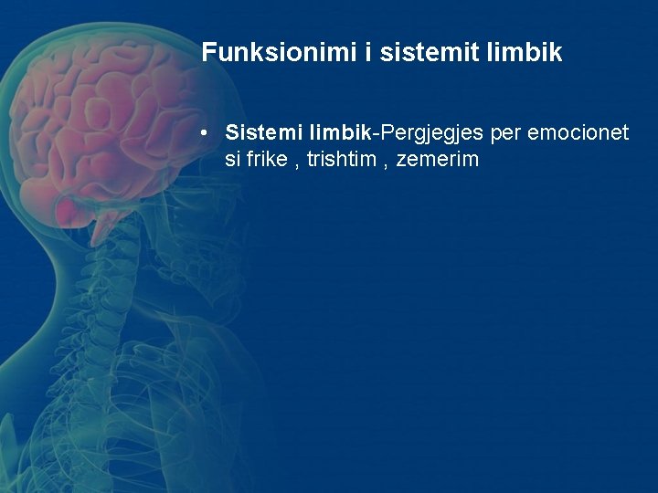 Funksionimi i sistemit limbik • Sistemi limbik-Pergjegjes per emocionet si frike , trishtim Funksionimi i sistemit limbik • Sistemi limbik-Pergjegjes per emocionet si frike , trishtim
