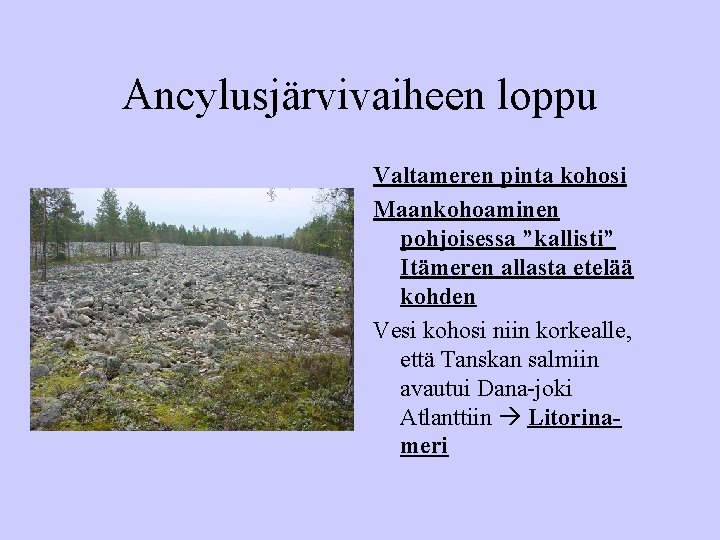 Ancylusjärvivaiheen loppu Valtameren pinta kohosi Maankohoaminen pohjoisessa ”kallisti” Itämeren allasta etelää kohden Vesi kohosi