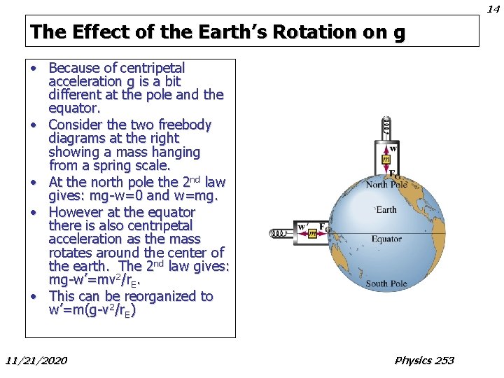 14 The Effect of the Earth’s Rotation on g • Because of centripetal acceleration