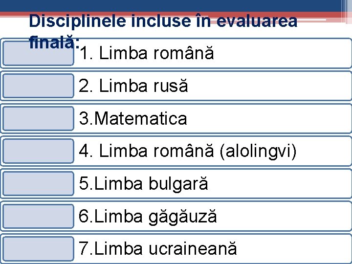 Disciplinele incluse în evaluarea finală: 1. Limba română 2. Limba rusă 3. Matematica 4.