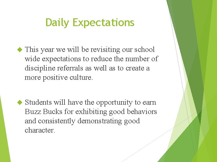 Daily Expectations This year we will be revisiting our school wide expectations to reduce