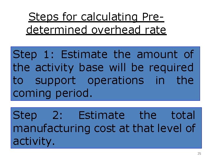 Steps for calculating Predetermined overhead rate Step 1: Estimate the amount of the activity