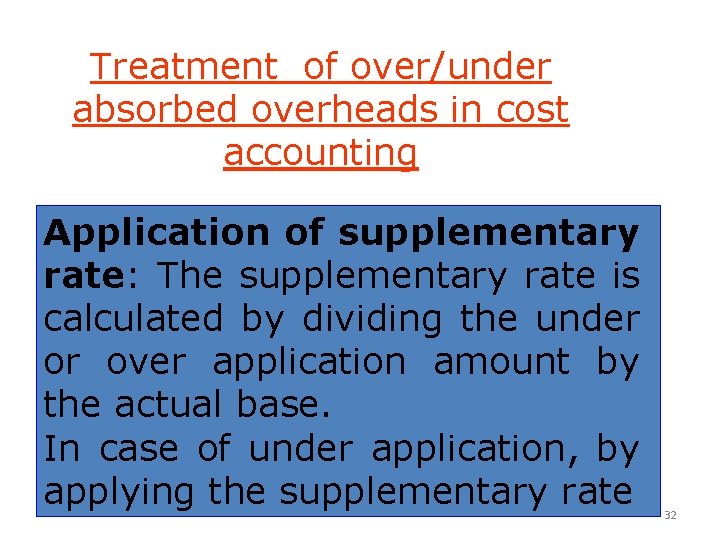 Treatment of over/under absorbed overheads in cost accounting Application of supplementary rate: The supplementary