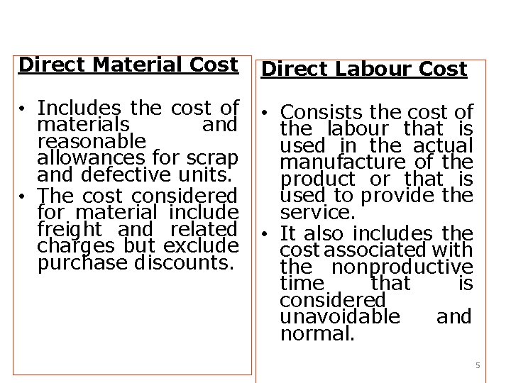 Direct Material Cost Direct Labour Cost • Includes the cost of • materials and