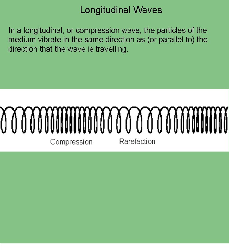 Longitudinal Waves In a longitudinal, or compression wave, the particles of the medium vibrate