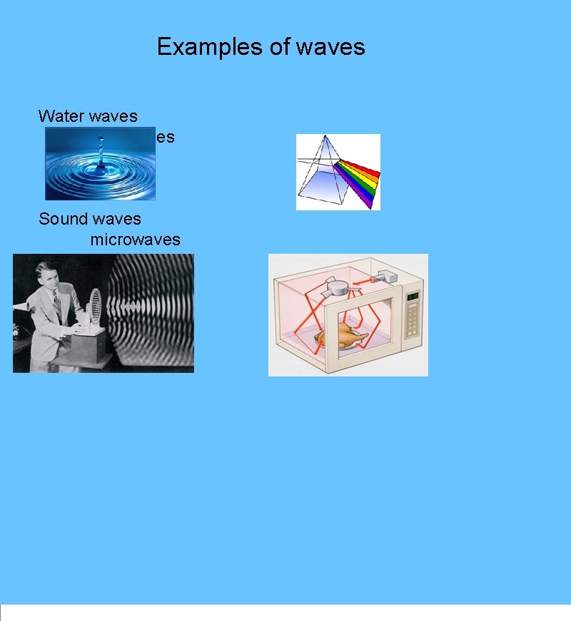 Examples of waves Water waves light waves Sound waves microwaves 
