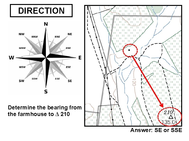 DIRECTION Determine the bearing from the farmhouse to ∆ 210 Answer: SE or SSE