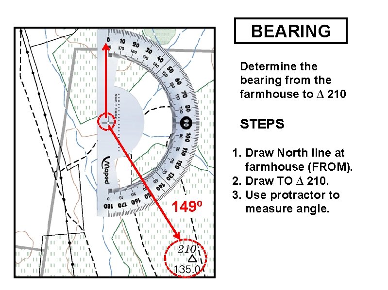 BEARING Determine the bearing from the farmhouse to ∆ 210 STEPS 149º 1. Draw