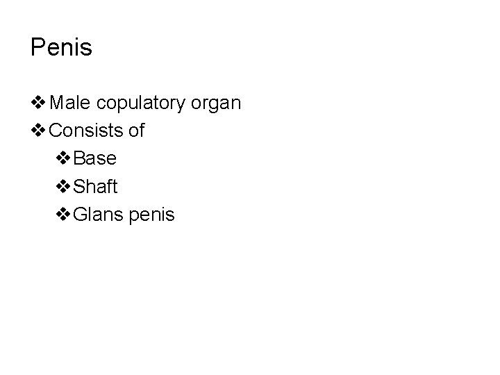 Penis v Male copulatory organ v Consists of v. Base v. Shaft v. Glans
