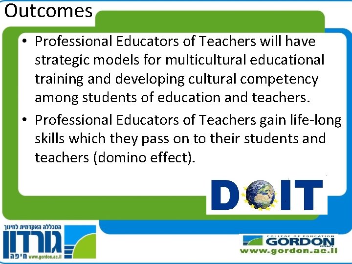 Outcomes • Professional Educators of Teachers will have strategic models for multicultural educational training
