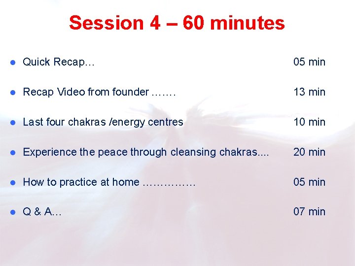 Session 4 – 60 minutes Quick Recap… 05 min Recap Video from founder …….
