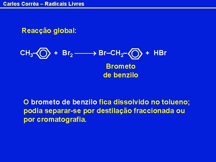 Carlos Corrêa – Radicais Livres Reacção global: CH 3– + Br 2 Br–CH 2–