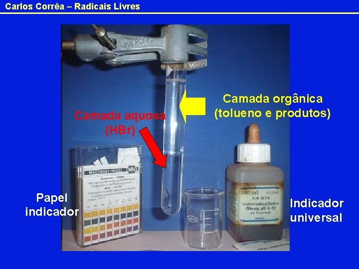 Carlos Corrêa – Radicais Livres Camada aquosa (HBr) Papel indicador Camada orgânica (tolueno e