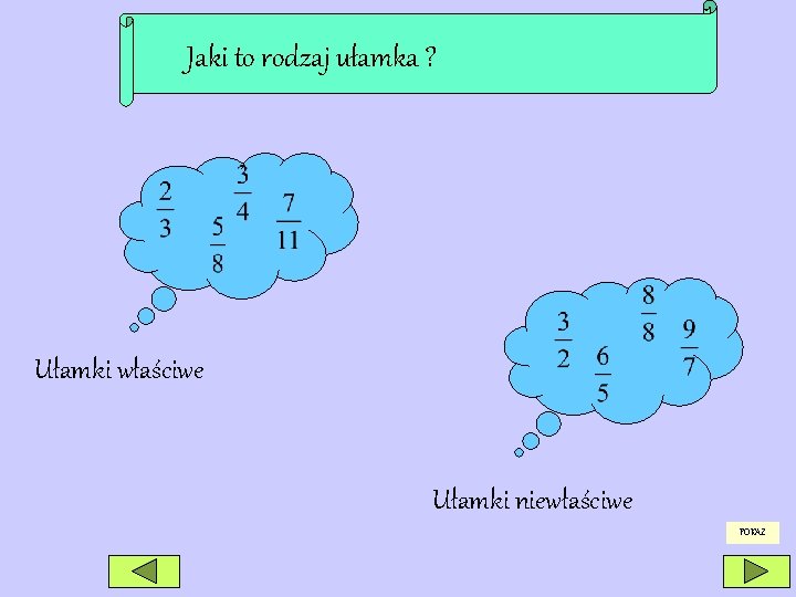 Jaki to rodzaj ułamka ? Ułamki właściwe Ułamki niewłaściwe POKAŻ 