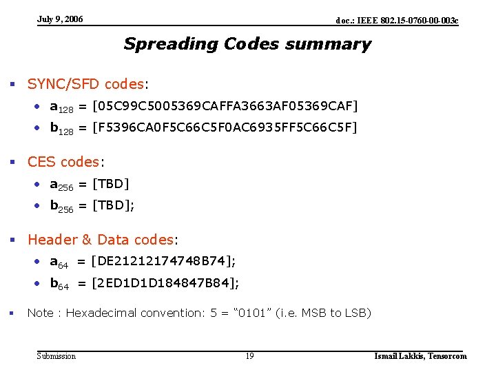 July 9, 2006 doc. : IEEE 802. 15 -0760 -00 -003 c Spreading Codes