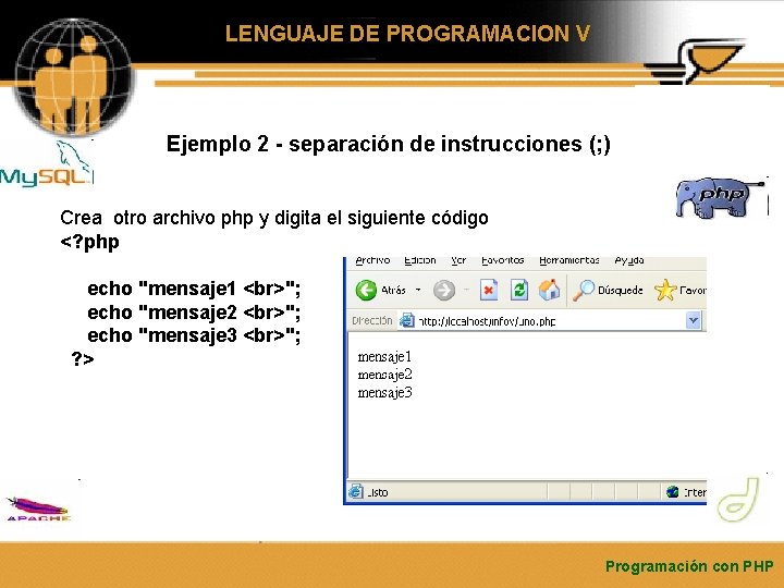 LENGUAJE DE PROGRAMACION V Ejemplo 2 - separación de instrucciones (; ) Crea otro