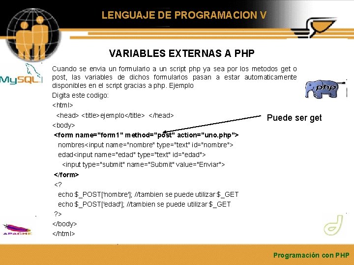 LENGUAJE DE PROGRAMACION V VARIABLES EXTERNAS A PHP Cuando se envia un formulario a