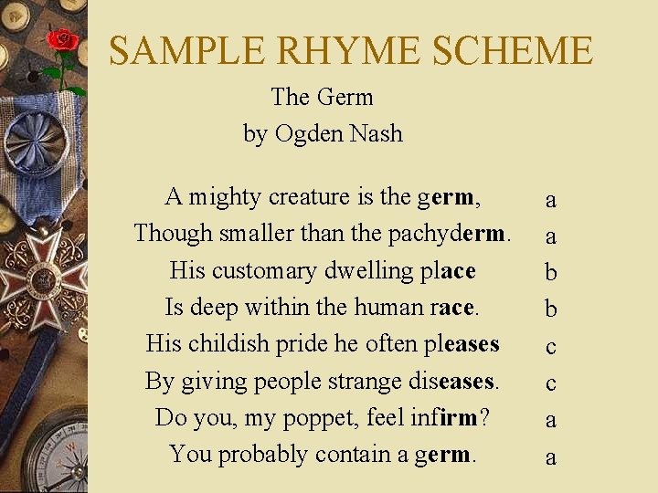 SAMPLE RHYME SCHEME The Germ by Ogden Nash A mighty creature is the germ,