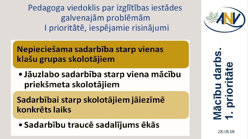 Mācību darbs. 1. prioritāte Pedagoga viedoklis par izglītības iestādes galvenajām problēmām I prioritātē, iespējamie