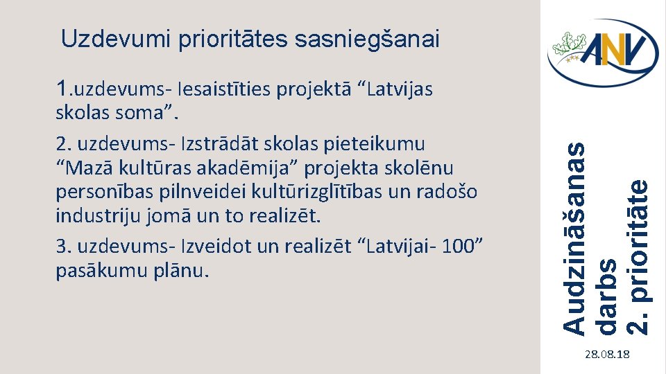 1. uzdevums- Iesaistīties projektā “Latvijas skolas soma”. 2. uzdevums- Izstrādāt skolas pieteikumu “Mazā kultūras