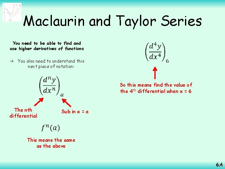 Maclaurin and Taylor Series You need to be able to find and use higher