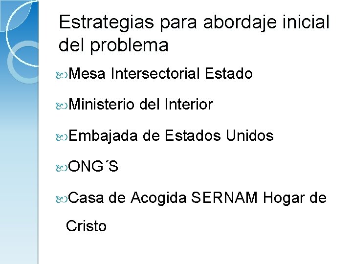 Estrategias para abordaje inicial del problema Mesa Intersectorial Estado Ministerio del Interior Embajada de