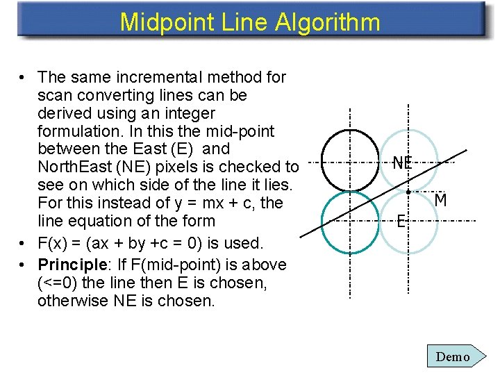 Midpoint Line Algorithm • The same incremental method for scan converting lines can be