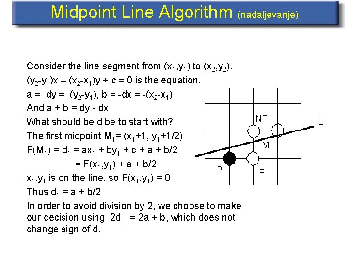 Midpoint Line Algorithm (nadaljevanje) Consider the line segment from (x 1, y 1) to