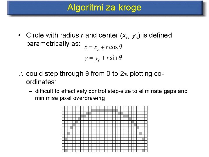 Algoritmi za kroge • Circle with radius r and center (xc, yc) is defined