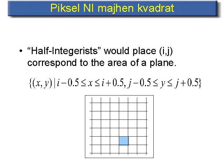 Piksel NI majhen kvadrat • “Half-Integerists” would place (i, j) correspond to the area