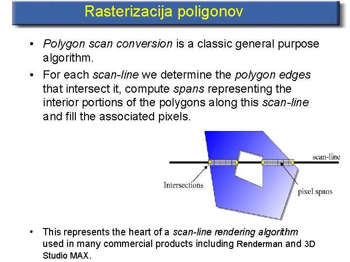 Rasterizacija poligonov • Polygon scan conversion is a classic general purpose algorithm. • For