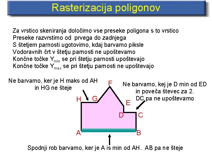 Rasterizacija poligonov Za vrstico skeniranja določimo vse preseke poligona s to vrstico Preseke razvrstimo