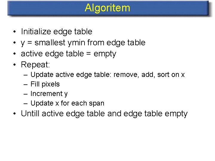 Algoritem • • Initialize edge table y = smallest ymin from edge table active