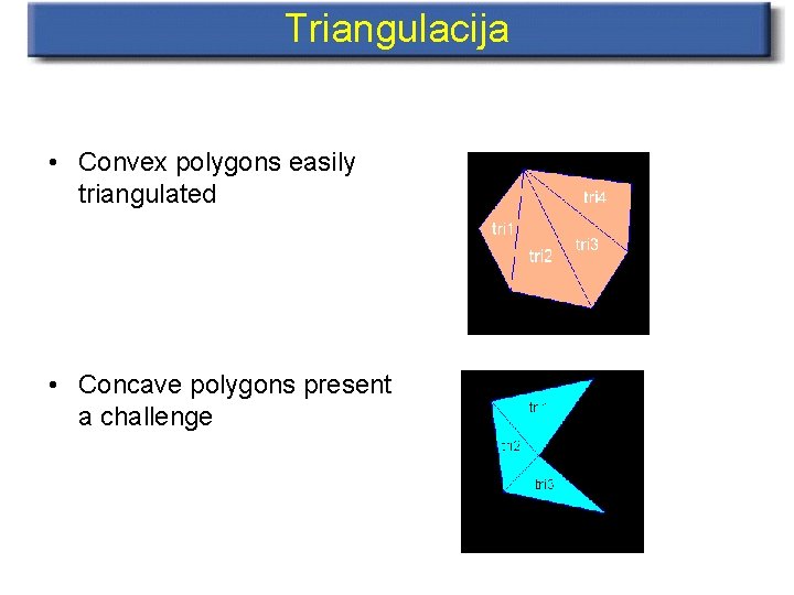 Triangulacija • Convex polygons easily triangulated • Concave polygons present a challenge 