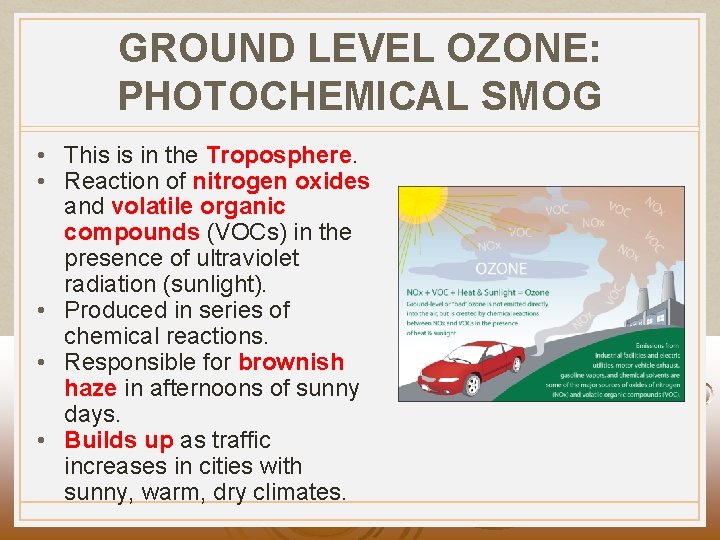 GROUND LEVEL OZONE: PHOTOCHEMICAL SMOG • This is in the Troposphere. • Reaction of