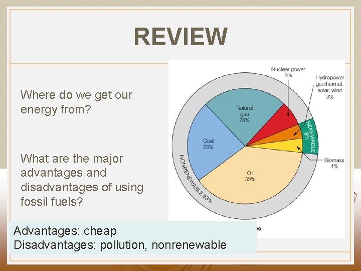 REVIEW Where do we get our energy from? What are the major advantages and