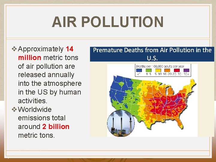 AIR POLLUTION v Approximately 14 million metric tons of air pollution are released annually