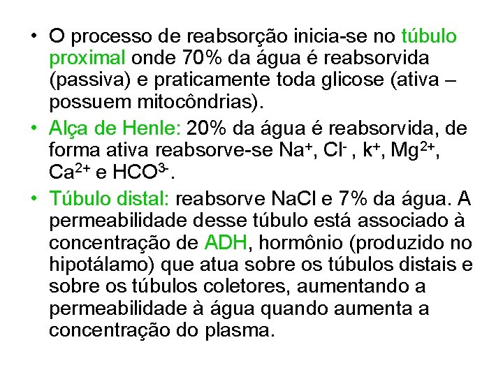  • O processo de reabsorção inicia-se no túbulo proximal onde 70% da água