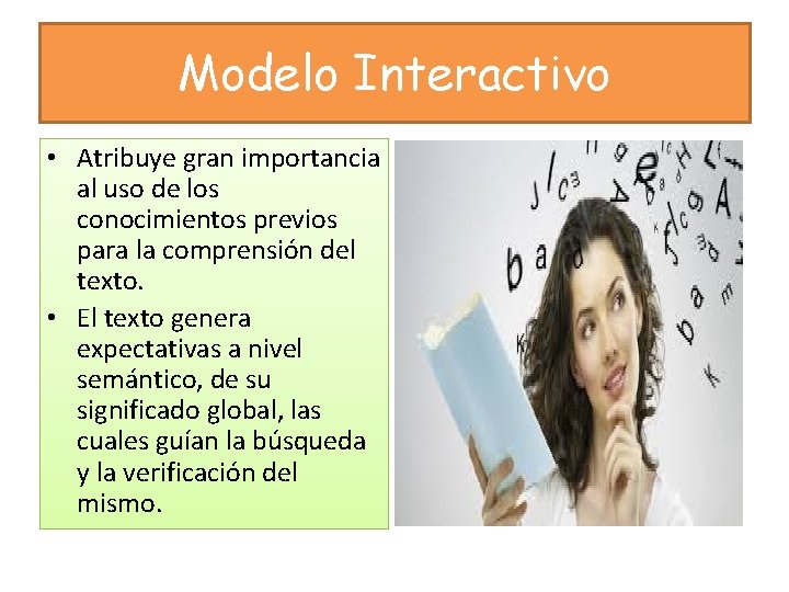 Modelo Interactivo • Atribuye gran importancia al uso de los conocimientos previos para la