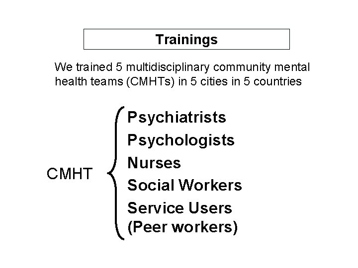 Trainings We trained 5 multidisciplinary community mental health teams (CMHTs) in 5 cities in