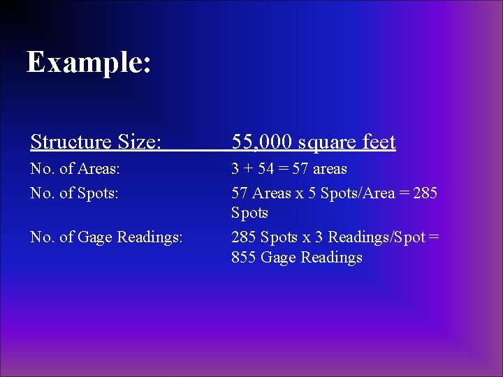 Example: Structure Size: 55, 000 square feet No. of Areas: No. of Spots: 3 Example: Structure Size: 55, 000 square feet No. of Areas: No. of Spots: 3