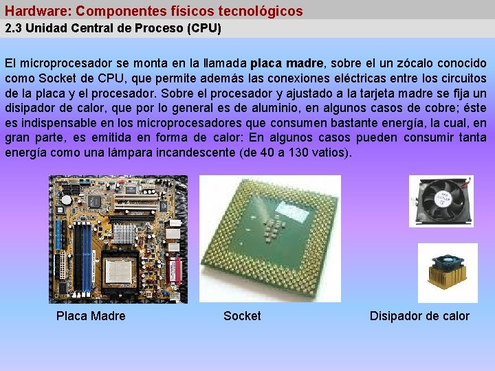 Hardware: Componentes físicos tecnológicos 2. 3 Unidad Central de Proceso (CPU) El microprocesador se