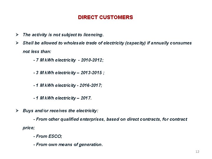 DIRECT CUSTOMERS The activity is not subject to licencing. Shall be allowed to wholesale