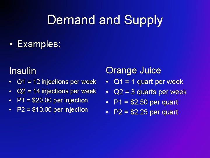 Demand Supply • Examples: Insulin Orange Juice • • Q 1 = 12 injections